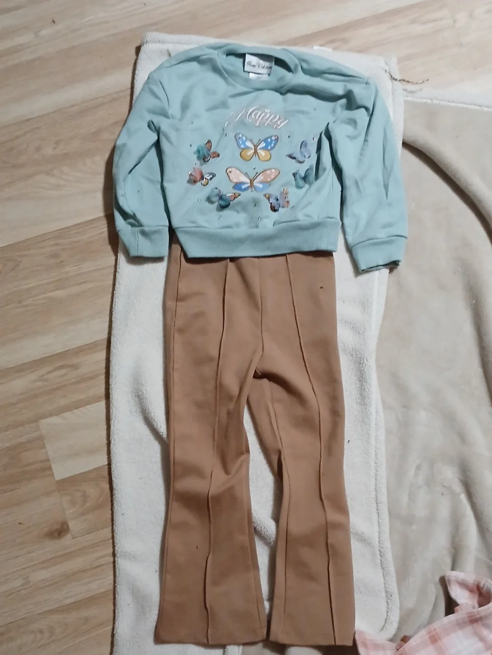 Rare Editions Light Teal Butterfly Sweatshirt & Tan Leggings Set